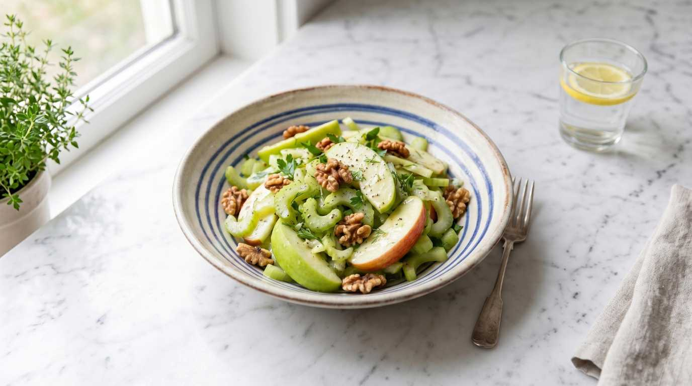 frisse waldorf selderij salade met appel en walnoot op een schaal
