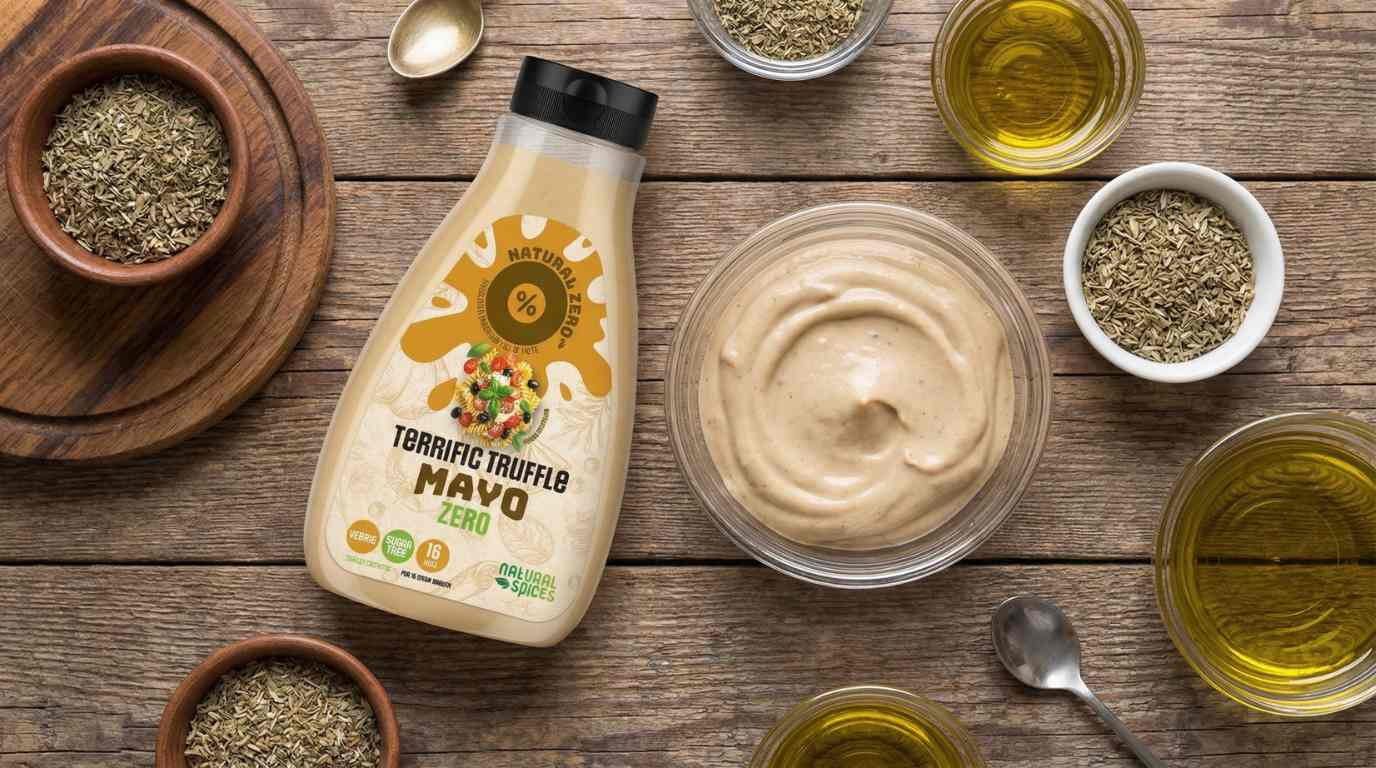 truffel mayonaise in een schaaltje met een fles terrific truffle ernaast