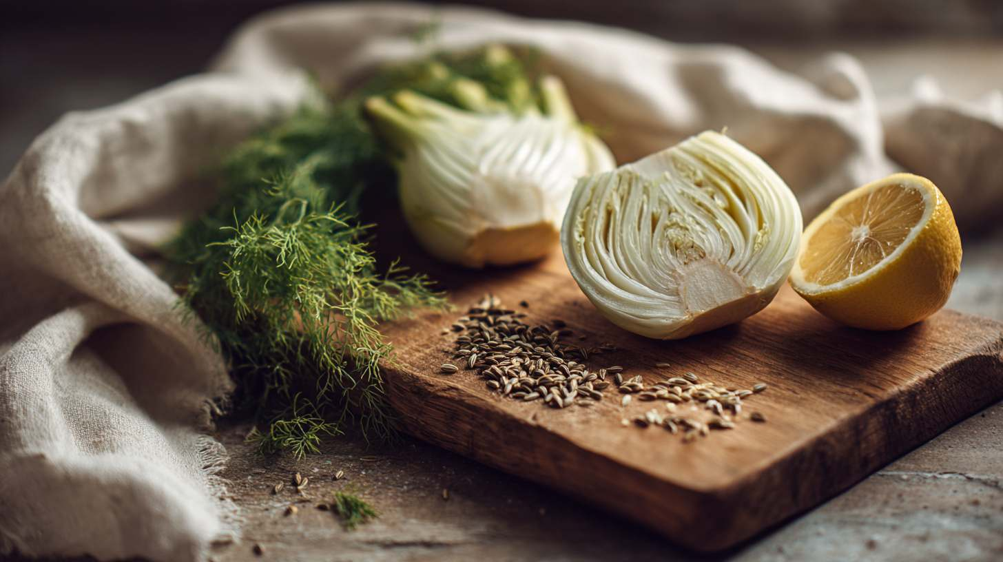 An olive wood chopping board with a halved fennel bulb, a small pile of fennel seeds, a halved lemon and a sprig of fresh fennel fronds arranged naturally.