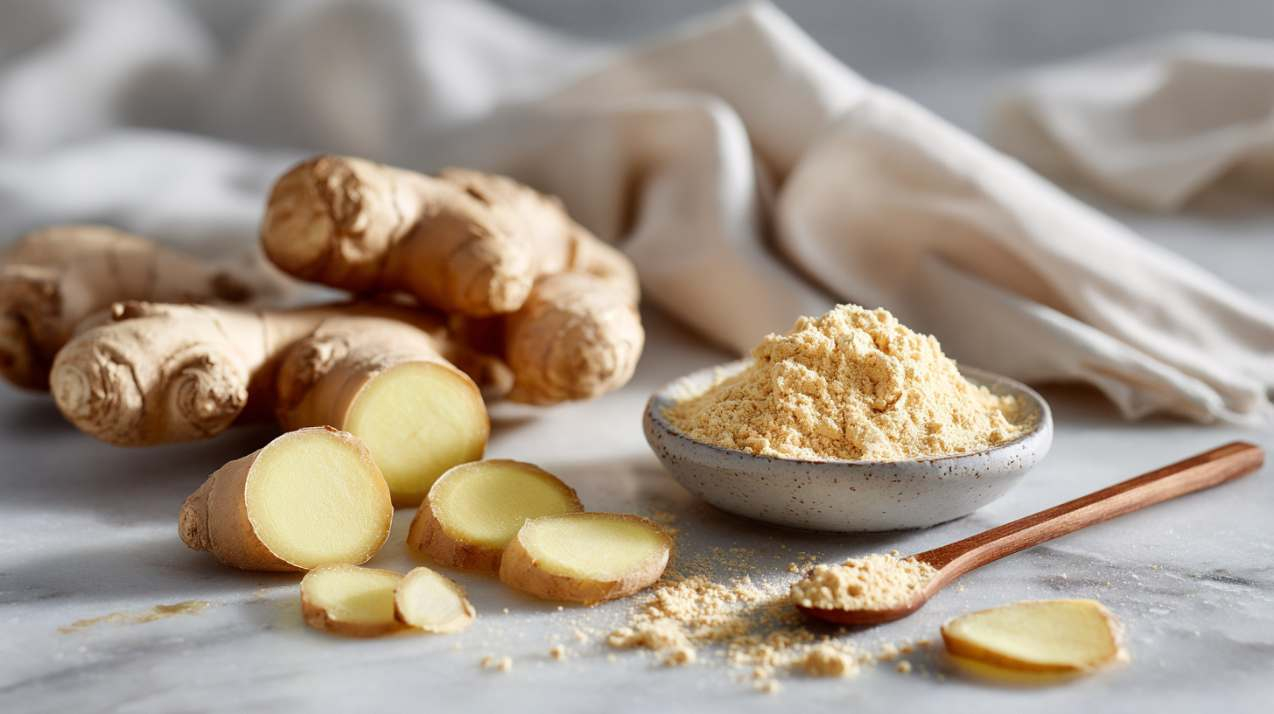 Verse gemberwortels en gemalen gemberpoeder op een lichte marmeren ondergrond met een keramieken schaaltje, houten lepel en zacht linnen doek op de achtergrond. Heldere, minimalistische foodfotografie met natuurlijke lichtinval.