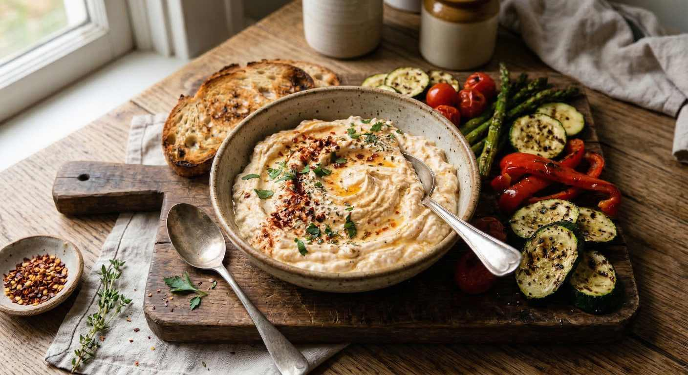 a bowl with whipped cottage cheese dip, creamy smooth swirl texture, topped with chopped pistachios, za’atar spices and chili flakes, drizzle of golden olive oil on top