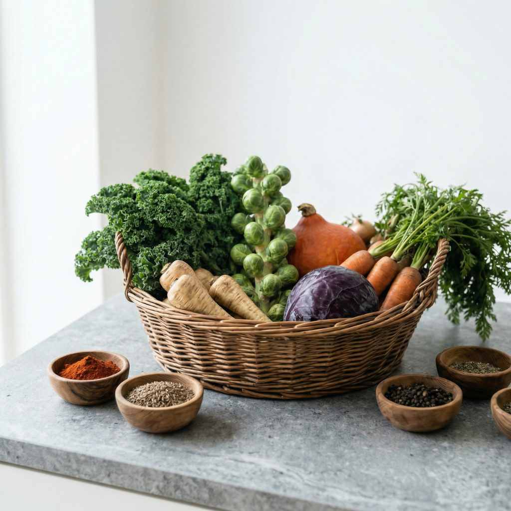 een mand gevuld met wintergroenten zoals spruitjes, boerenkool, wortels, rode kool, pompoen en knolselderij