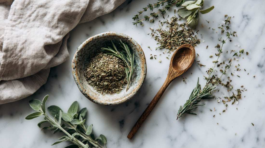 Close-up van Italiaanse kruidenmix in een keramieken schaaltje op een licht marmeren oppervlak, met oregano, tijm en rozemarijn, omringd door verse kruidentakjes, een houten lepel en een linnen doek in zacht, natuurlijk daglicht.