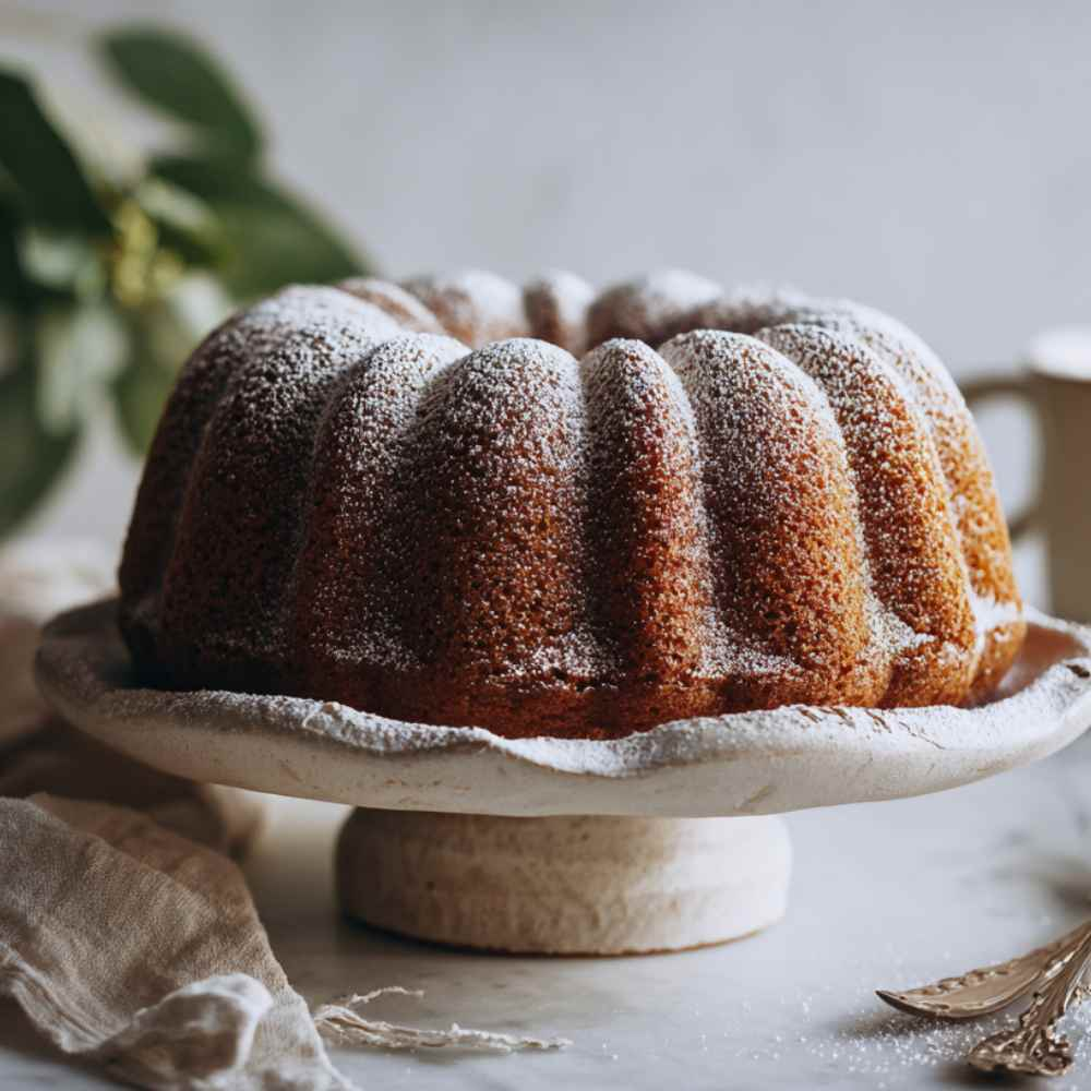 freshly baked bundt cake (Dutch tulband) lightly dusted with powdered sugar, placed on a ceramic cake stand,