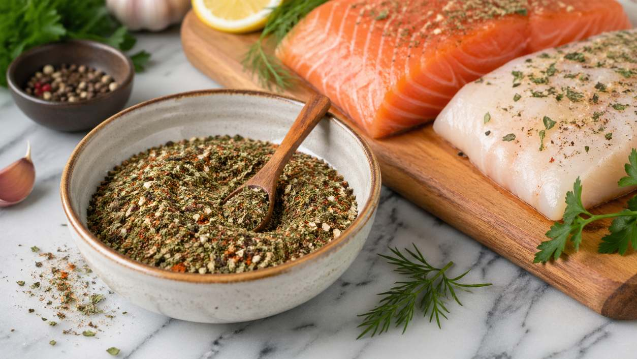 Close-up van een zelfgemaakte viskruidenmix in een keramieken schaal naast verse zalm en witvis op een houten snijplank op een marmeren aanrecht, met citroen, dille en verse kruiden.