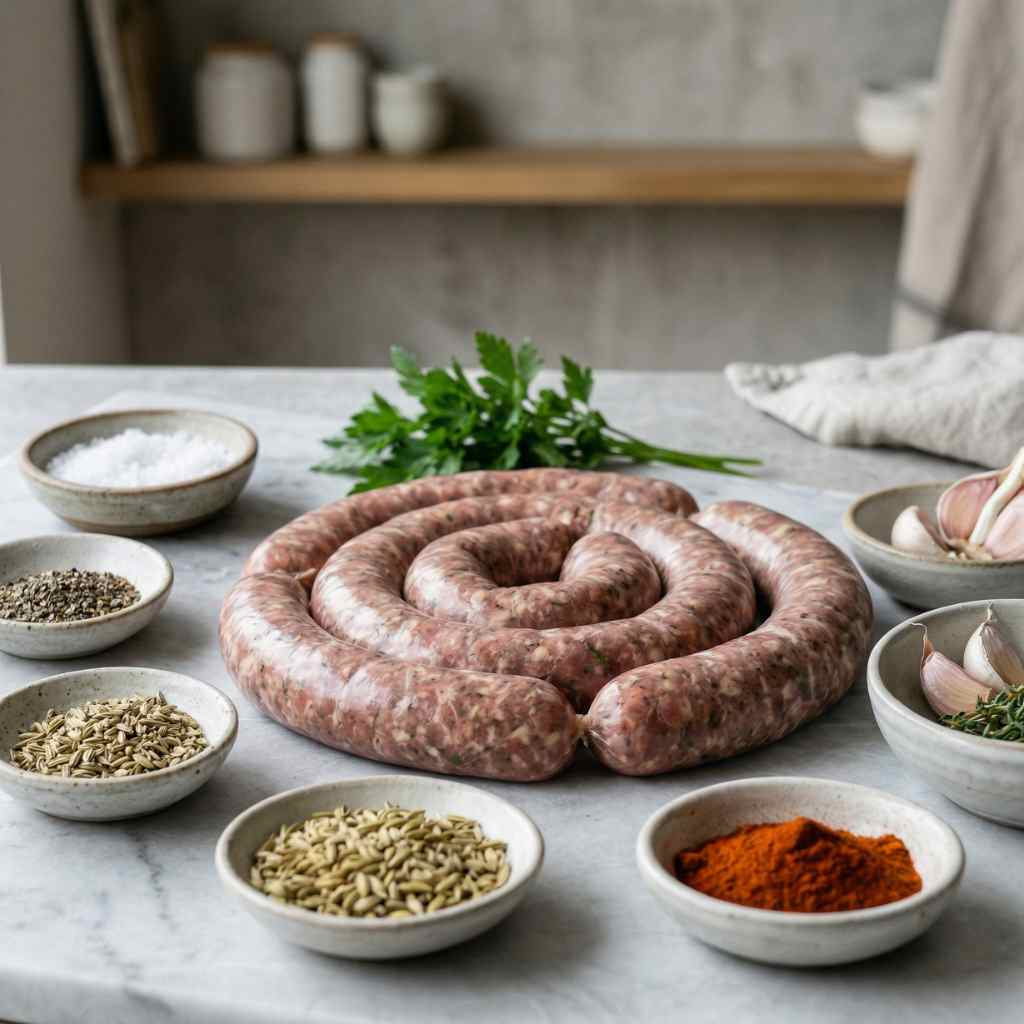 fresh raw sausages coiled naturally on a light grey marble surface, surrounded by small ceramic bowls with coarse salt, cracked black pepper, fennel seeds, paprika powder and fresh parsley. A few sprigs of thyme and garlic cloves scattered casually