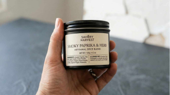 Een close-up van een hand die een etiket vasthoudt op een donkere pot met een kruidenmix.