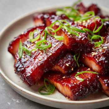 Close-up of glossy char siu (Chinese barbecued pork) sliced into thick pieces, showing a juicy interior with a deep red caramelised glaze on the outside.