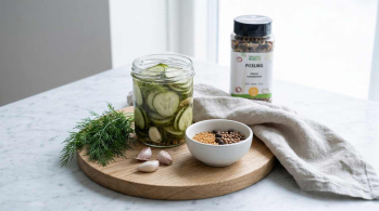 homemade pickled cucumbers in a clear glass jar, sliced cucumbers visible through light vinegar brine, placed on a round wooden board on a pale grey marble surface.