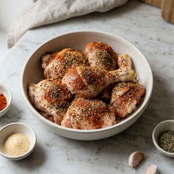 raw chicken pieces generously coated in homemade chicken seasoning, placed in a matte off-white ceramic bowl on a light grey marble surface. Visible texture of paprika, black pepper and dried herbs on the chicken. Small ceramic bowls with extra spices (pa