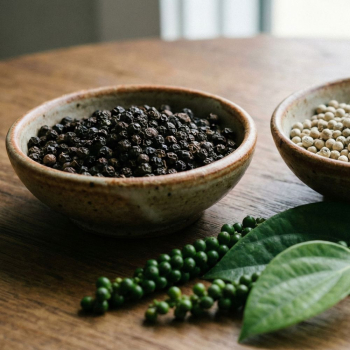 2 kleine schaaltjes op een tafel. het ene schaaltje is gevuld met hele zwarte peper. de andere met witte peperkorrels