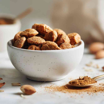 zelfgemaakte kruidnoten in een wit schaaltje met een lepel met speculaaskruiden ernaast
