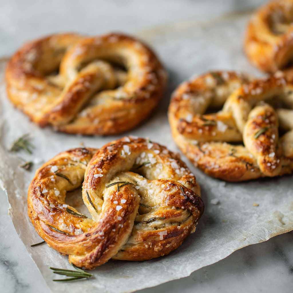 Golden puff pastry pretzels with a classic twisted shape, topped with coarse sea salt and rosemary, resting on parchment paper in soft, cool natural light.