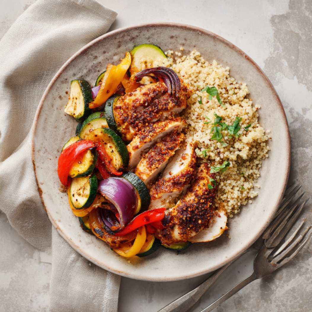 airfryer kip met cajun kruiden, gegrilde groenten en quinoa van Natural Spices