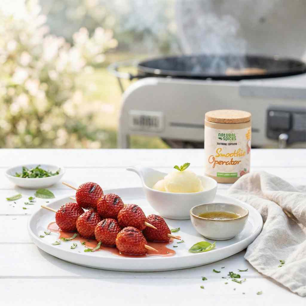 aardbei spiesjesvan de bbq en citroen ijs en een potje smoothie operator op een tafel buiten naast de bbq