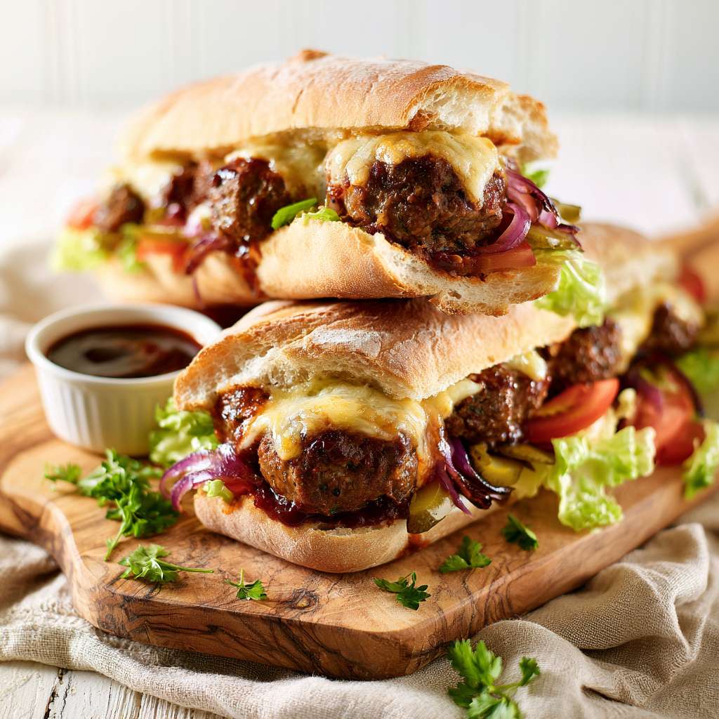 sappige BBQ Meatball Subs met Beef BBQ Chief, gesmolten cheddar en BBQ-saus. E