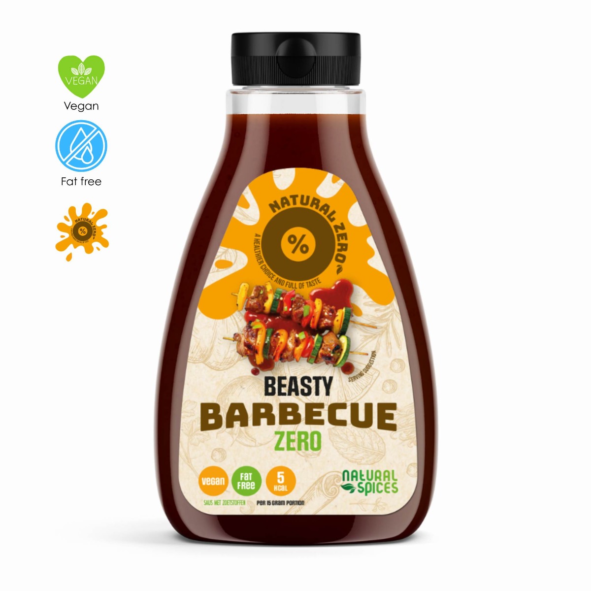 Fles Beasty Barbecue Zero saus van Natural Spices met zwarte dop op witte achtergrond, voorzien van labels “low-calorie”, “fat free” en “5 kcal”, geschikt voor een vegan en vetvrij dieet.
