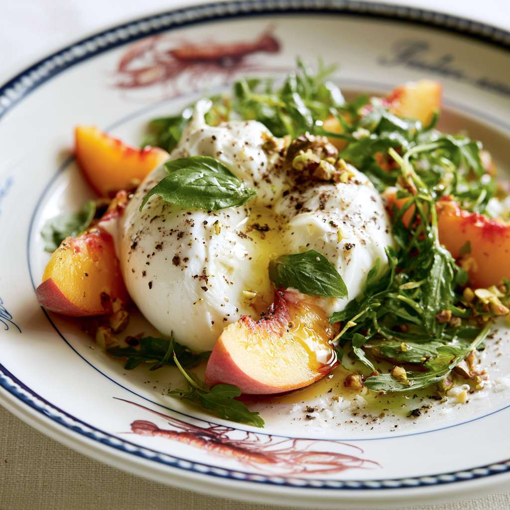 Romige burrata met sappige perzikpartjes, rucola, verse basilicum, pistachenoten en een drizzle van olijfolie en balsamico, geserveerd op een vintage Frans bord met kreeftenmotief.