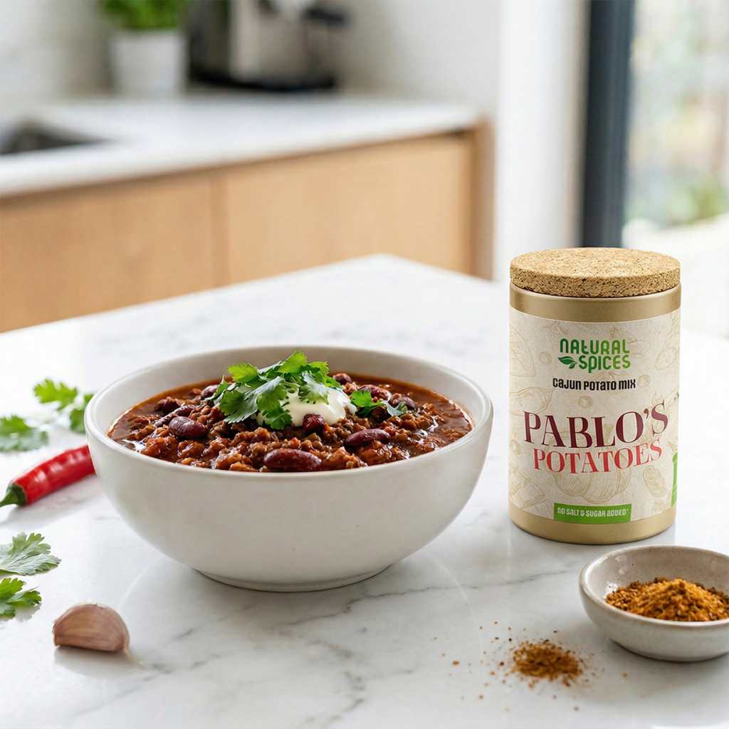 een schaal chili con carne met een potje pablo's potatoes cajun kruidenmix ernaast van Natural Spices