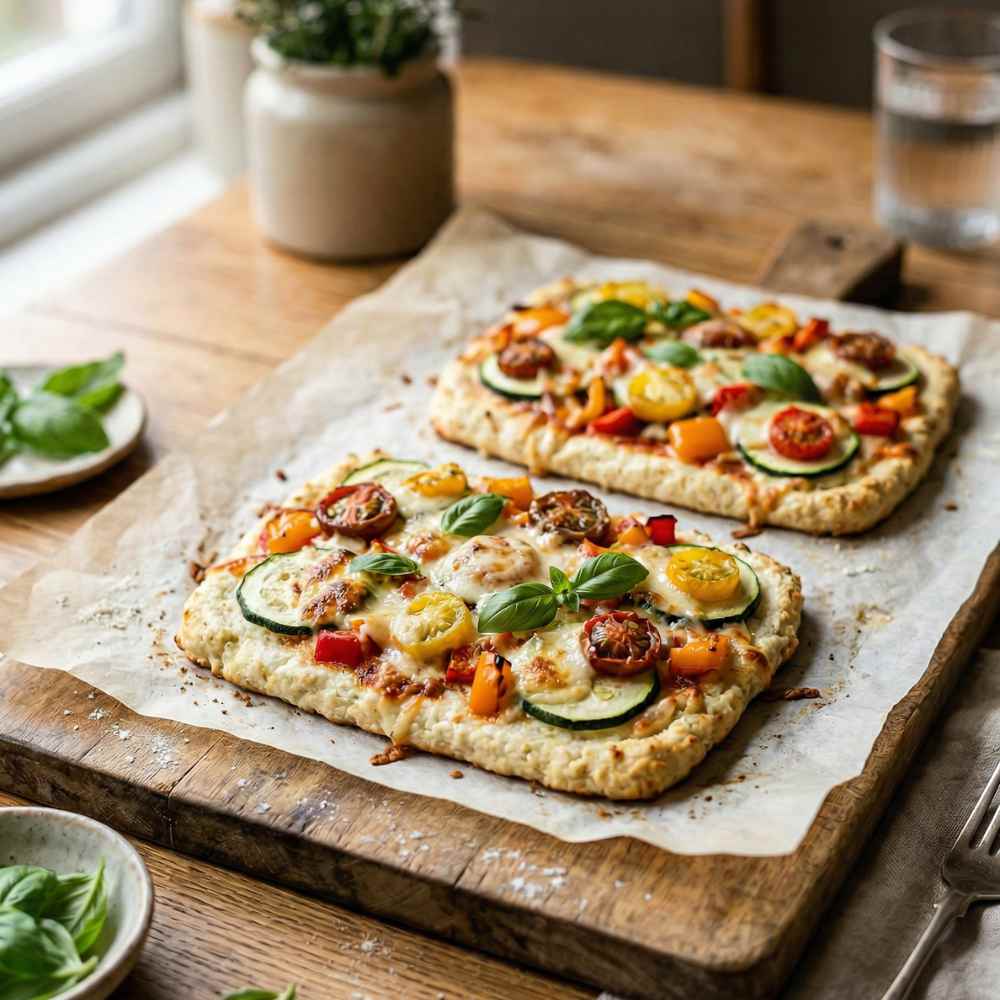 twee thuisgemaakte cottage cheese pizzas met toppings op een stuk bakpapier twee thuisgemaakte cottage cheese pizzas met toppings op een stuk bakpapier