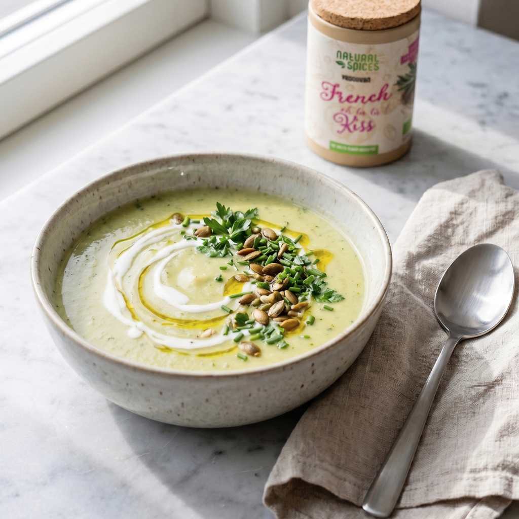 een kom met courgettesoep gekruid met vadouvan en gegarneerd met kokosmelk en pompoen zaadjes. Een potje met French Kiss Vadouvan kruiden van Natural Spices op de achtergrond een kom met courgettesoep gekruid met vadouvan en gegarneerd met kokosmelk en pompoen zaadjes. Een potje met French Kiss Vadouvan kruiden van Natural Spices op de achtergrond