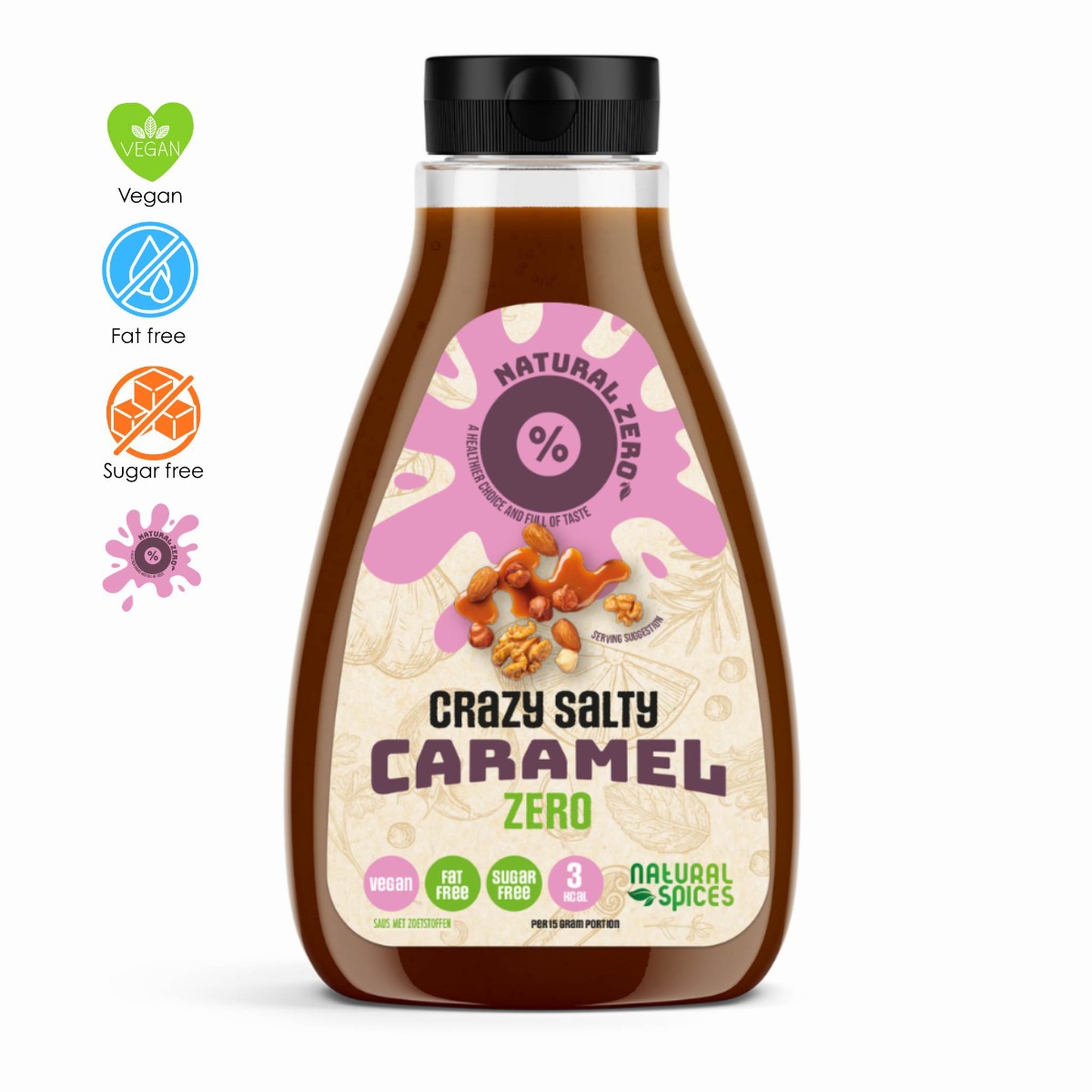 low calorie crazy salty caramel zero sauce by natural spices, fat free, sugar free en vegan