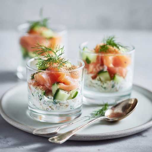 creamy zalm amuse in een glas en gegarneerd met komkommer en dille