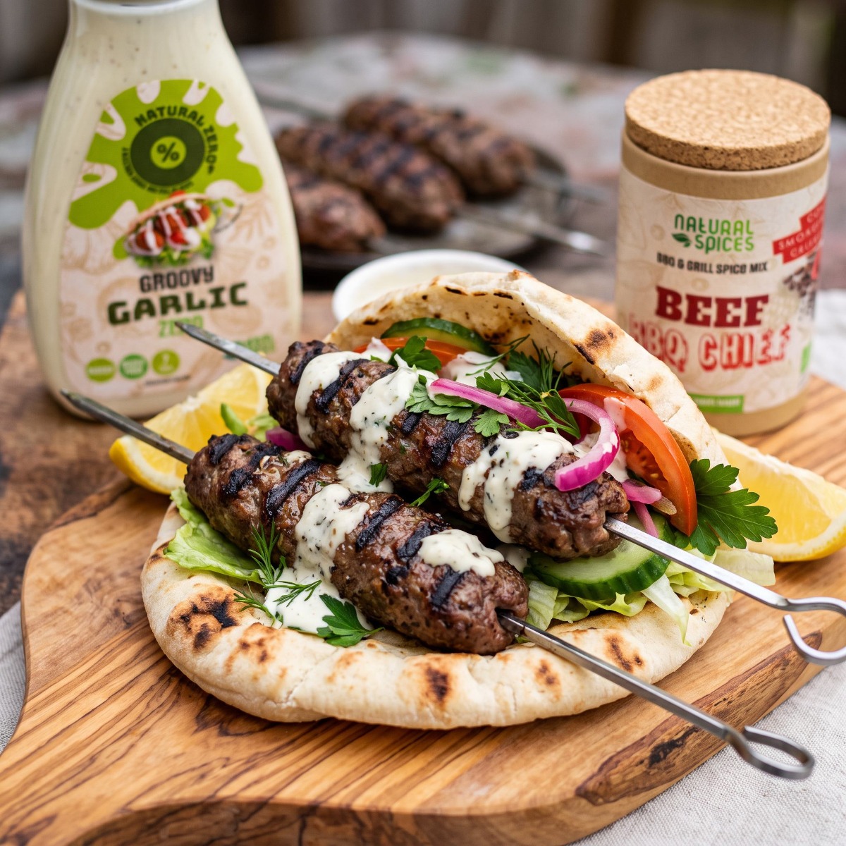 Sappige kofta gehaktspiesjes in warm pitabrood met sla, tomaat, komkommer, rode ui en romige knoflooksaus, geserveerd met Beef BBQ Chief kruiden en Groovy Garlic Zero saus van Natural Spices.