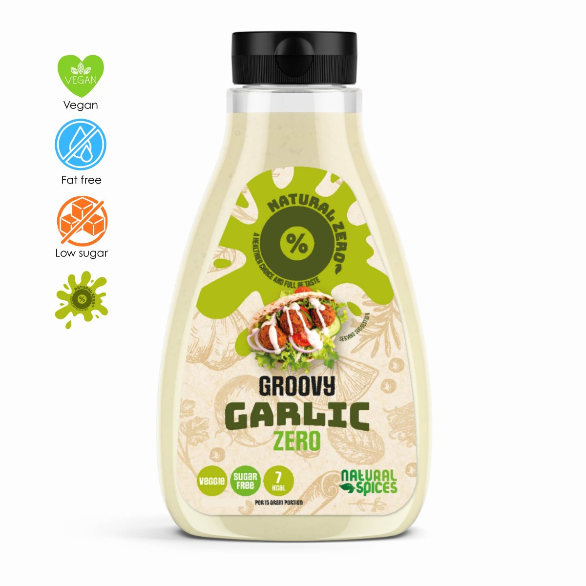 Fles garlic Zero saus van Natural Spices met zwarte dop op witte achtergrond, voorzien van labels “low-calorie”, “sugar free”, en “7kcal”, geschikt voor een vegetarisch dieet.