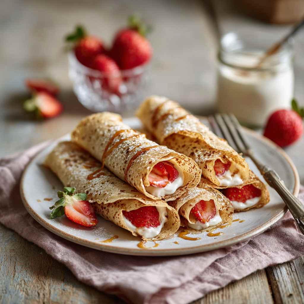 Havermout crêpes met aardbei & low calorie Salty Caramel Havermout crêpes met aardbei & low calorie Salty Caramel