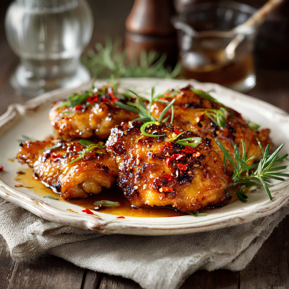 Freshly cooked hot honey chicken thighs on a beautiful antique off-white French ceramic plate, sticky amber hot honey glaze dripping gently over the crispy golden chicken, scattered chili flakes, fresh herbs and spring onion garnish.