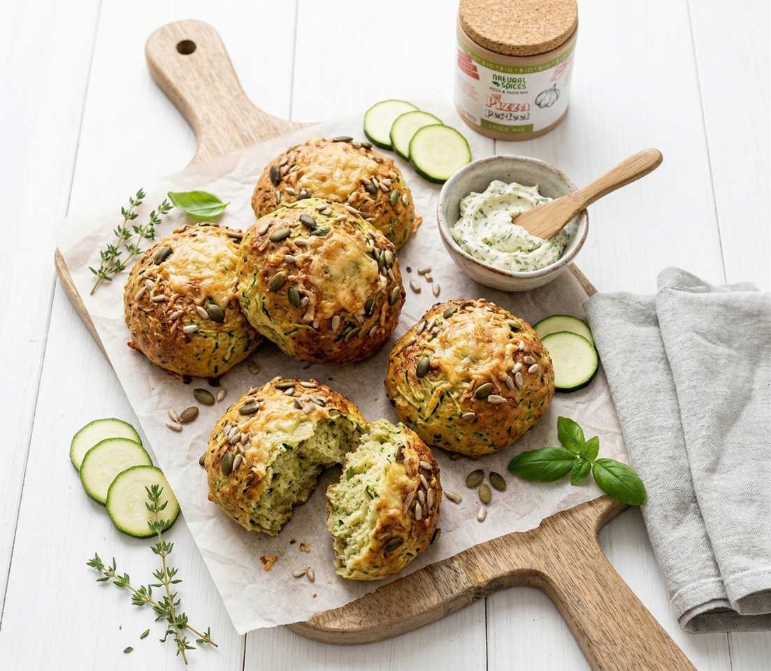Italiaanse courgette broodjes op houten plank met zaden en gesmolten kaas, één broodje opengebroken, geserveerd met kruidige roomkaasdip, courgetteplakjes en verse Pizza Perfect kruiden van Natural Spices Italiaanse courgette broodjes op houten plank met zaden en gesmolten kaas, één broodje opengebroken, geserveerd met kruidige roomkaasdip, courgetteplakjes en verse Pizza Perfect kruiden van Natural Spices
