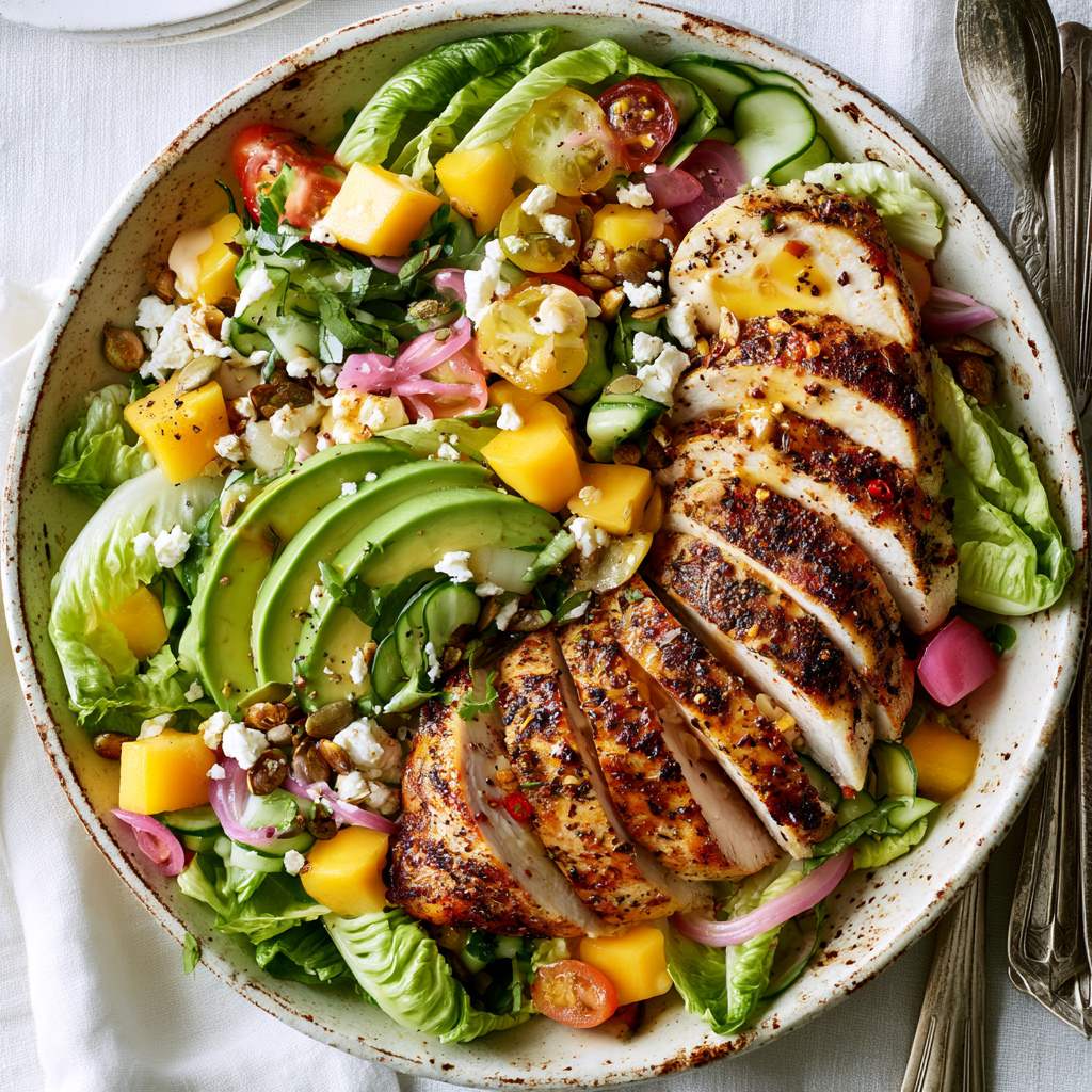 gourmet summer chicken salad presented in a large vintage cream-coloured ceramic serving bowl with subtle handcrafted imperfections and a softly aged glaze. Thick slices of juicy grilled chicken seasoned with rosemary and garlic are fanned elegantly over