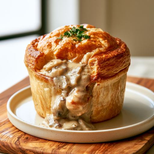 een bladerdeeg pasteibakje gevuld met kippenragout