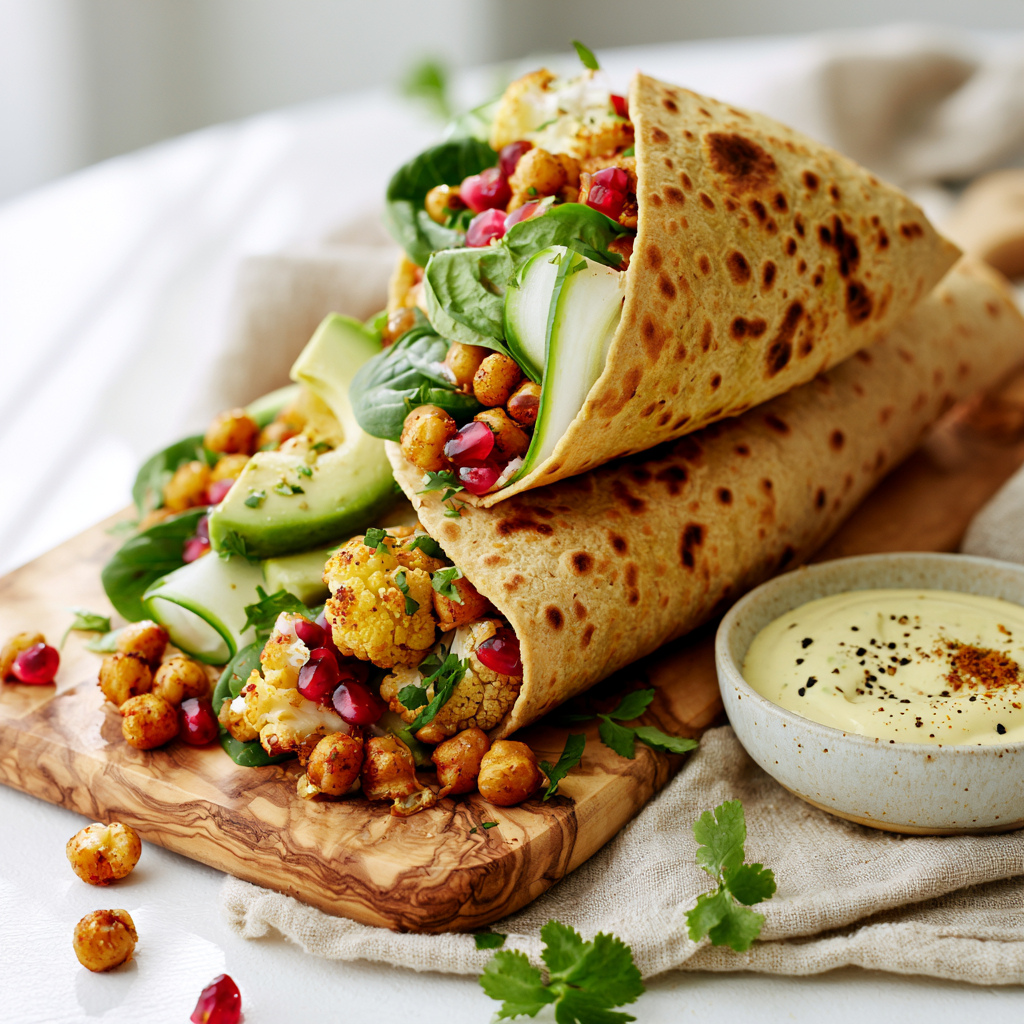 lentil tortilla filled with golden roasted curry cauliflower, roasted chickpeas, fresh spinach, avocado slices, cucumber ribbons and a small amount of pomegranate seeds.