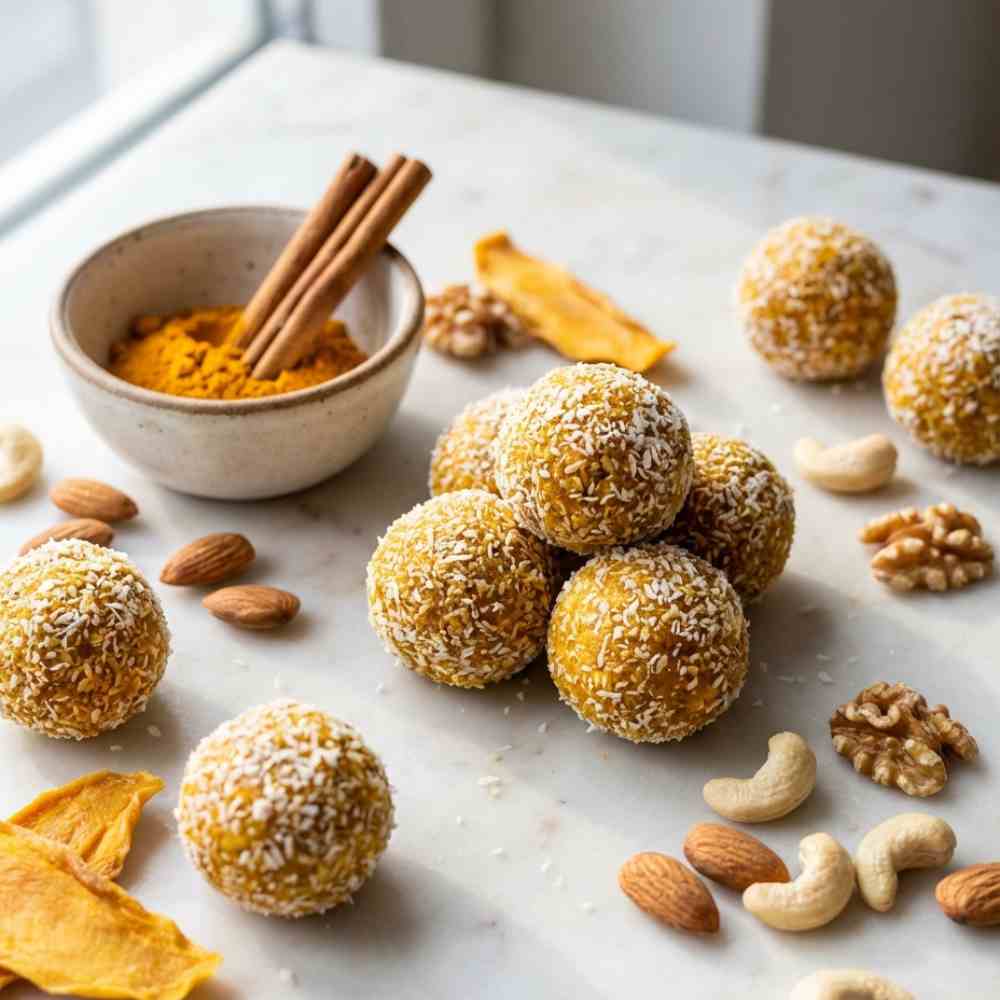 mango & nut energy balls with cinnamon and turmeric, arranged on a light stone or marble surface. The energy balls have a warm golden hue from turmeric, with visible nut texture and small mango pieces. The energy balls are covered with desiccated coconut. mango & nut energy balls with cinnamon and turmeric, arranged on a light stone or marble surface. The energy balls have a warm golden hue from turmeric, with visible nut texture and small mango pieces. The energy balls are covered with desiccated coconut.