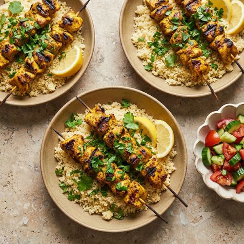 marokkaanse kipspiesjes op een bedje van couscous en gegarneerd met citroen en tomaten komkommer salade marokkaanse kipspiesjes op een bedje van couscous en gegarneerd met citroen en tomaten komkommer salade