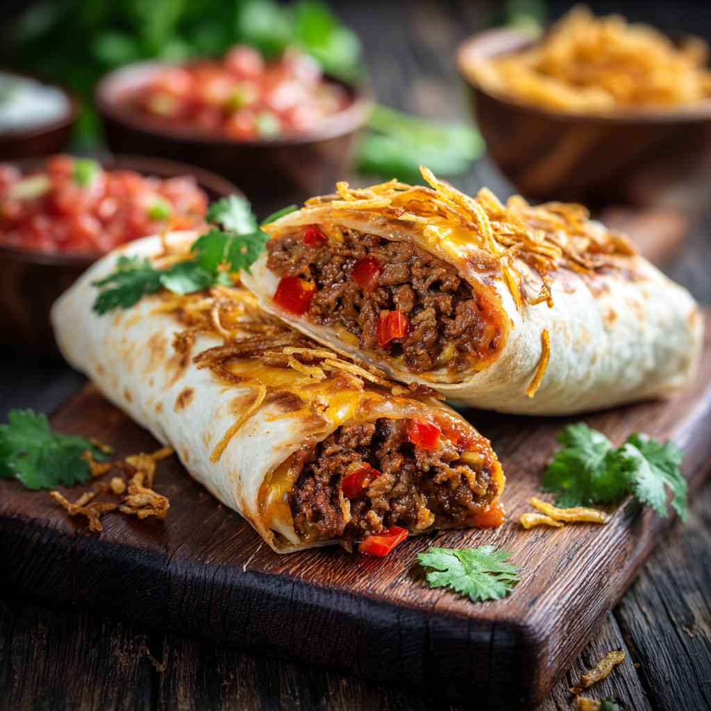 mexican beef tortilla wrap cut open, juicy seasoned minced beef filling with red peppers and spices visible, melted grated cheese on top with a drizzle of rich tomato salsa,