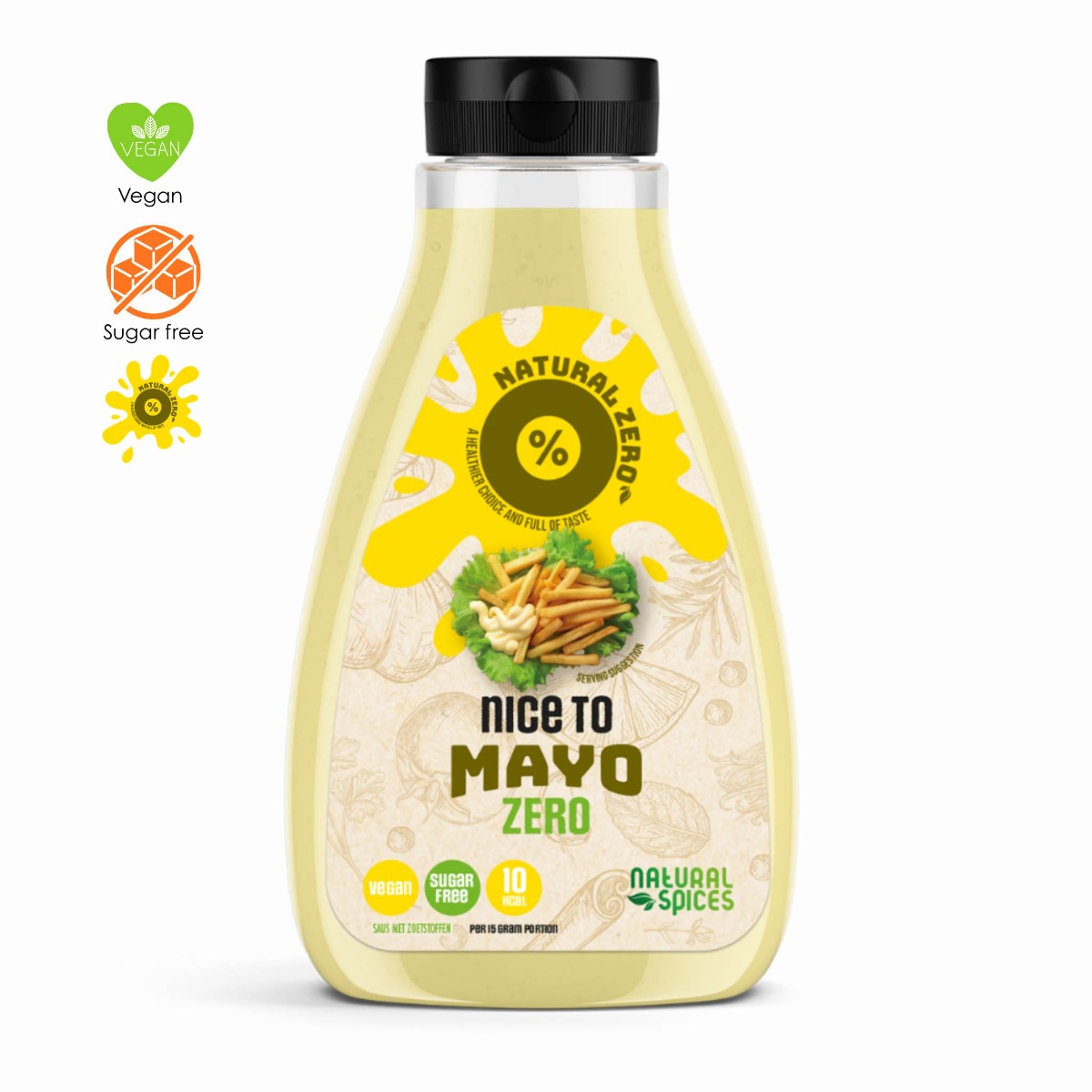 Fles Nice to Mayo Zero van Natural Spices met zwarte dop op witte achtergrond, voorzien van labels “low-calorie”, “sugar free” en “10 kcal”, geschikt voor een vegan en caloriearm dieet.