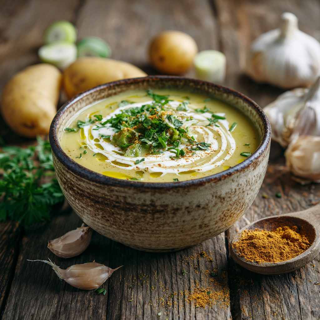 Romige preisoep met kerrie in een rustieke kom, afgewerkt met een swirl van room, verse kruiden en een drizzle olijfolie, omringd door aardappelen en knoflook op een lichte, natuurlijke ondergrond.