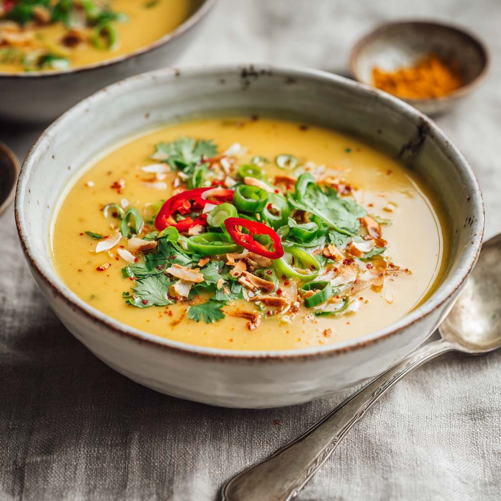 Romige Maïssoep met Kokosmelk en Thaise Kruiden (koriander, chillies)