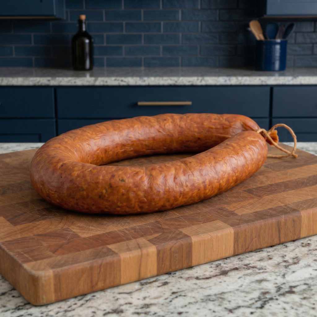 vers gemaakte rookworst op een houten snijplank in de keuken