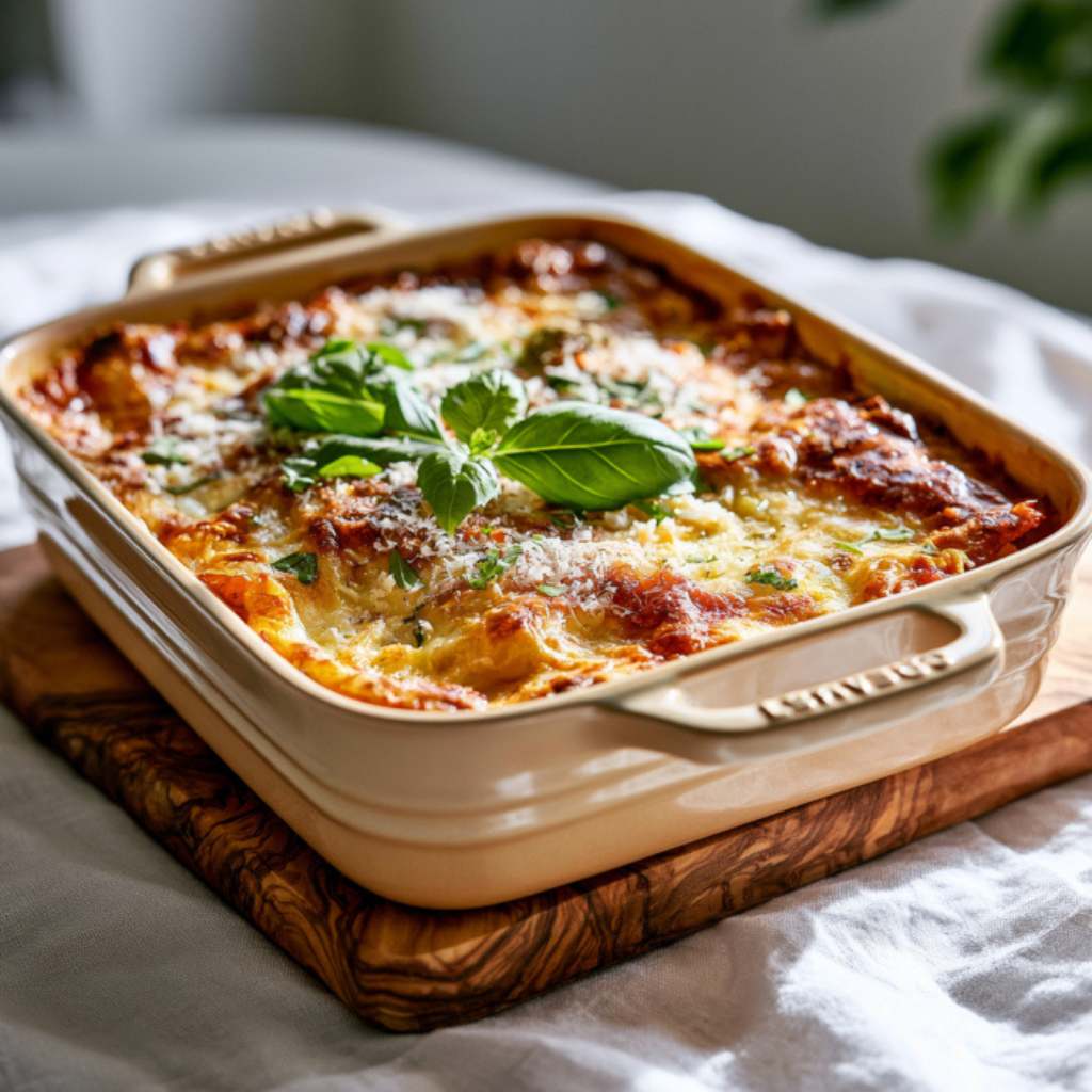 vegetarische groente lasagne gegarneerd met basil op houten snijplank