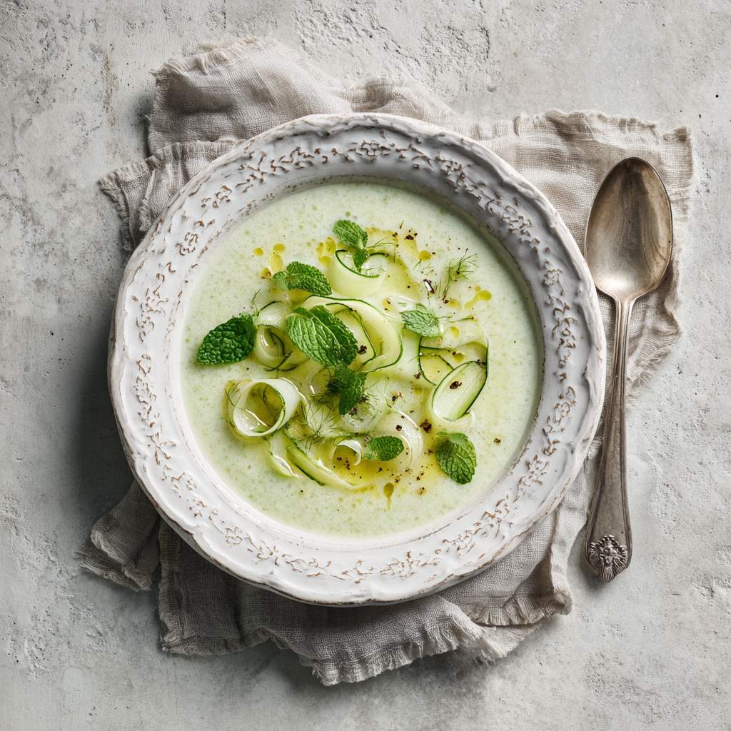 fresh fennel soup with cucumber and mint served in a beautiful vintage French brocante soup plate