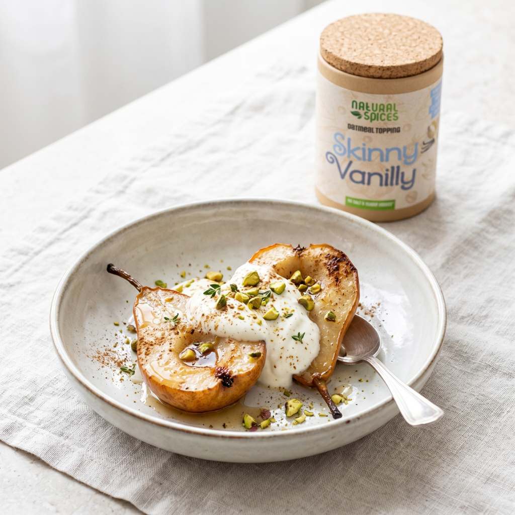 Geroosterde halve peren met romige vanilleyoghurt, pistachenoten en een drizzle honing op een licht aardewerk bord, met Natural Spices Skinny Vanilly oatmeal topping op de achtergrond in een frisse Scandinavische setting.
