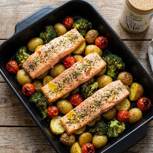 Ovenschaal met zalmfilets, krieltjes, broccoli en geroosterde cherrytomaatjes, gekruid met Vis-a-Vis kruidenmix van Natural Spices, op een rustieke houten ondergrond.