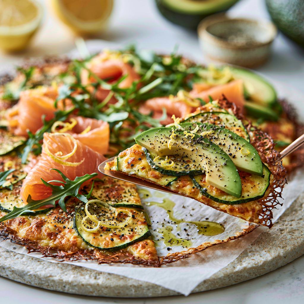 Courgettepizza met zalm, avocado en Vis à Vis