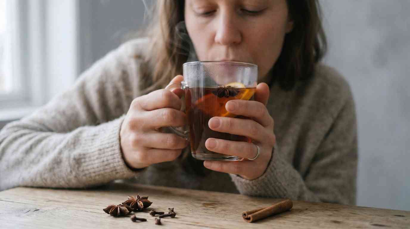 a person holding and sipping a glass of herbal spice tea with star anise and cloves