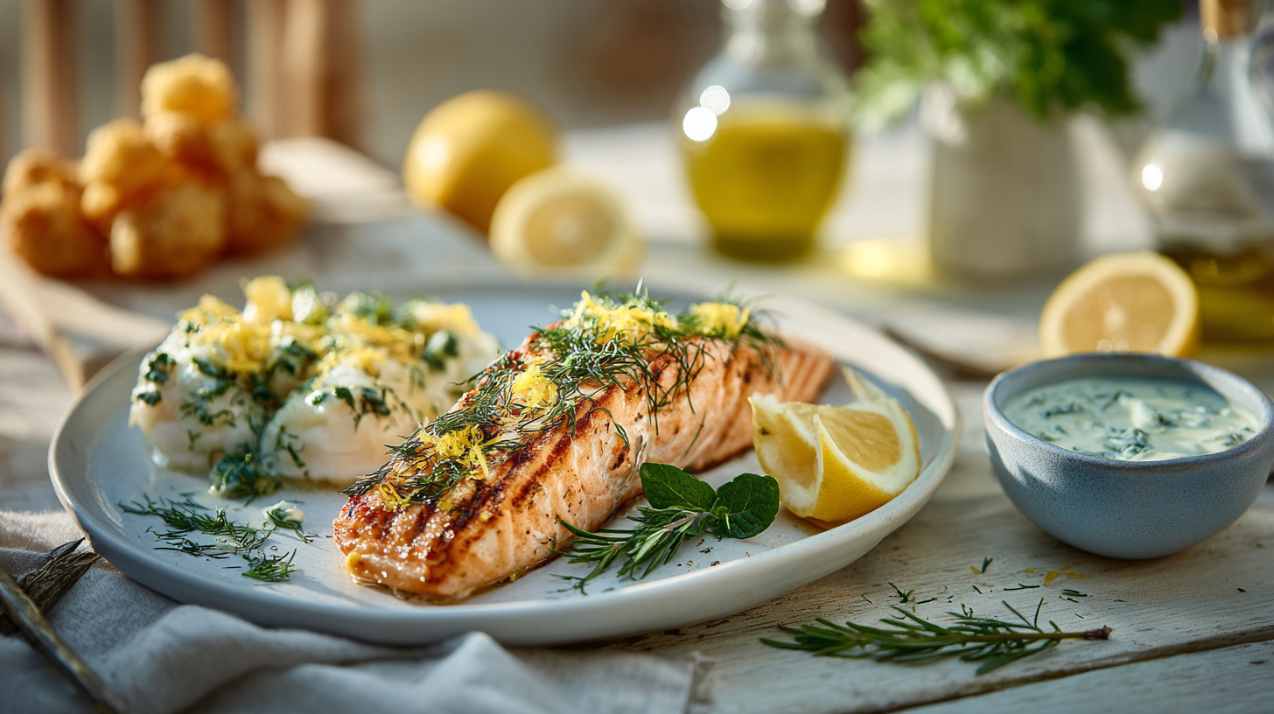  beautifully plated grilled salmon fillet with visible herbs (dill and lemon zest), a small bowl of crispy kibbeling with lemon wedges, and a white fish fillet with Mediterranean herbs.