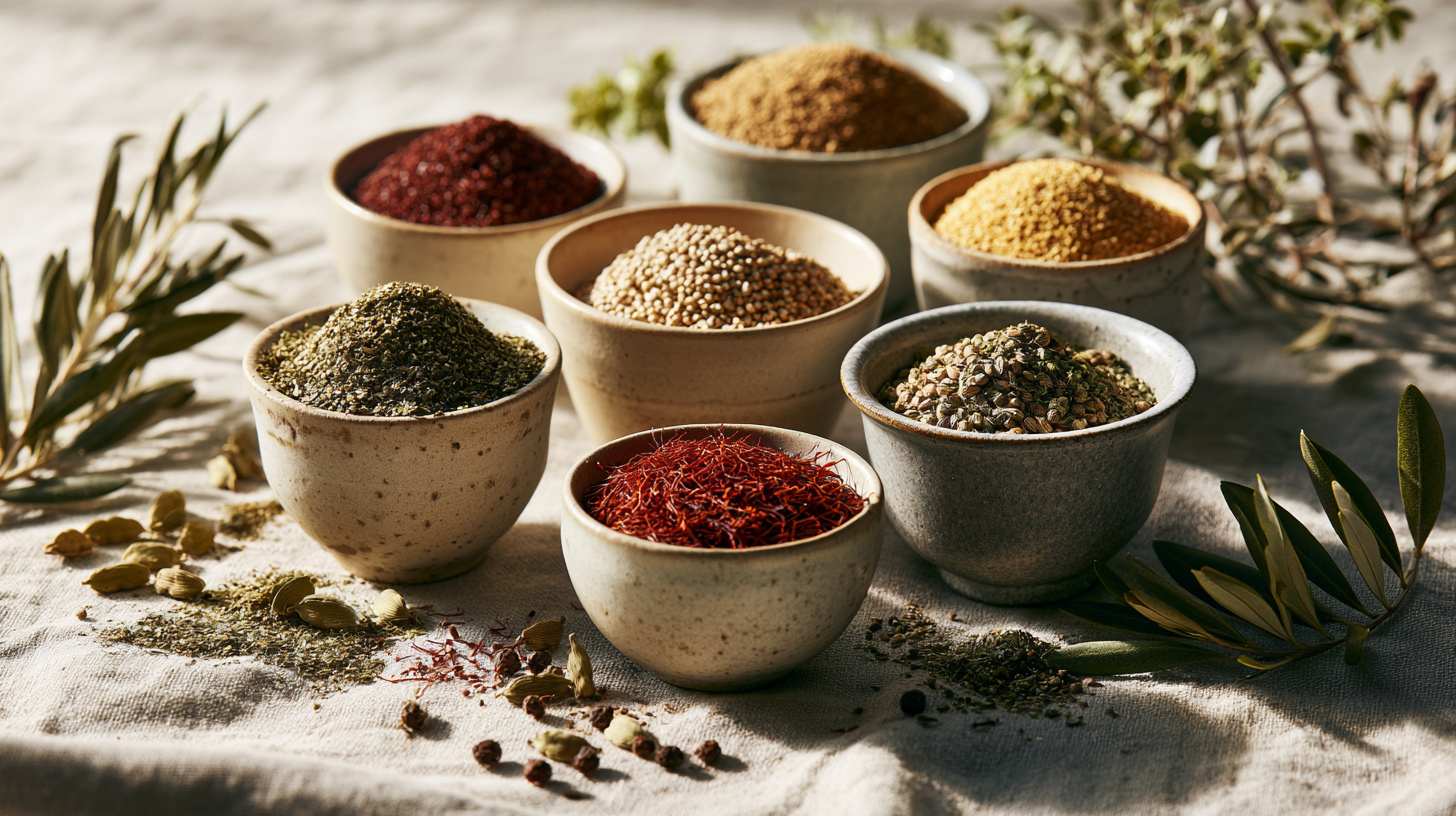 Middle Eastern spices on a cool grey marble surface. Small ceramic bowls filled with za’atar, sumac, baharat, cumin, coriander seeds, cardamom pods, saffron threads and dukkah